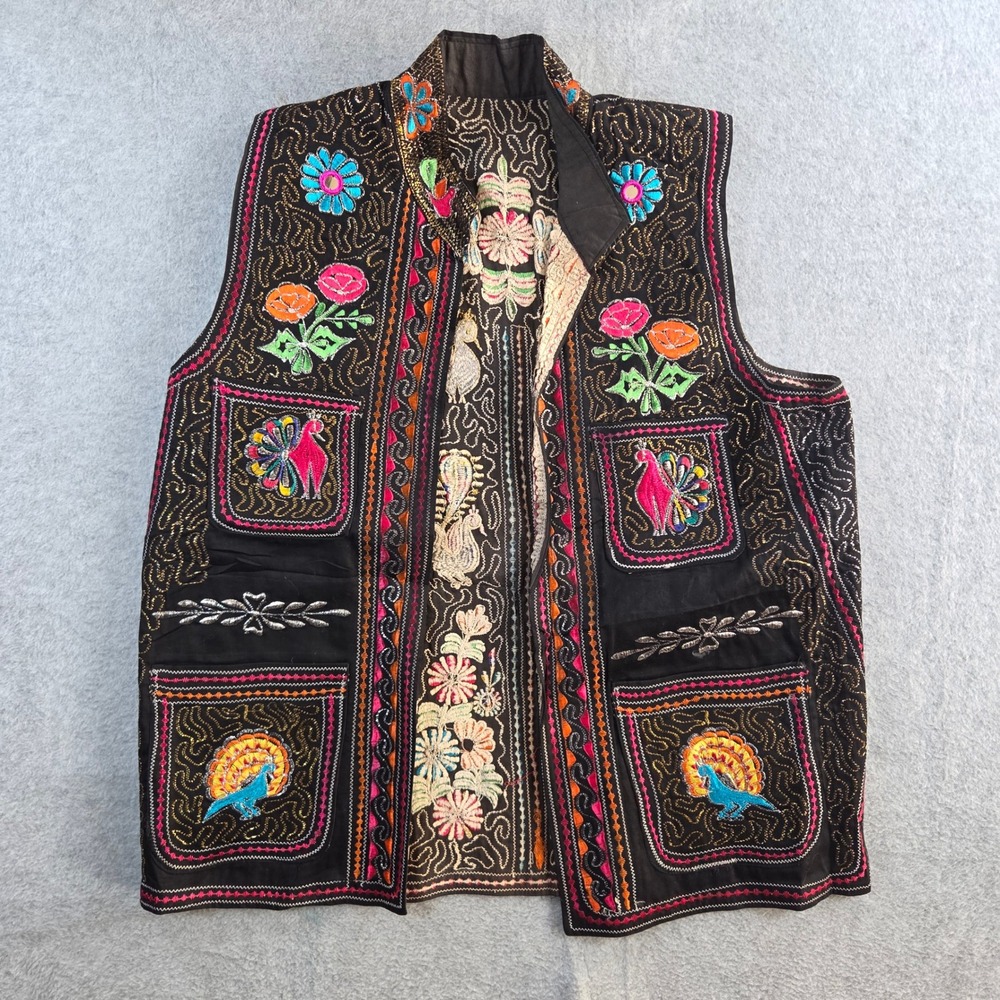 Unbranded Embroidered Vest Womens OS Black Multi Peacock Floral Boho Mirror Work